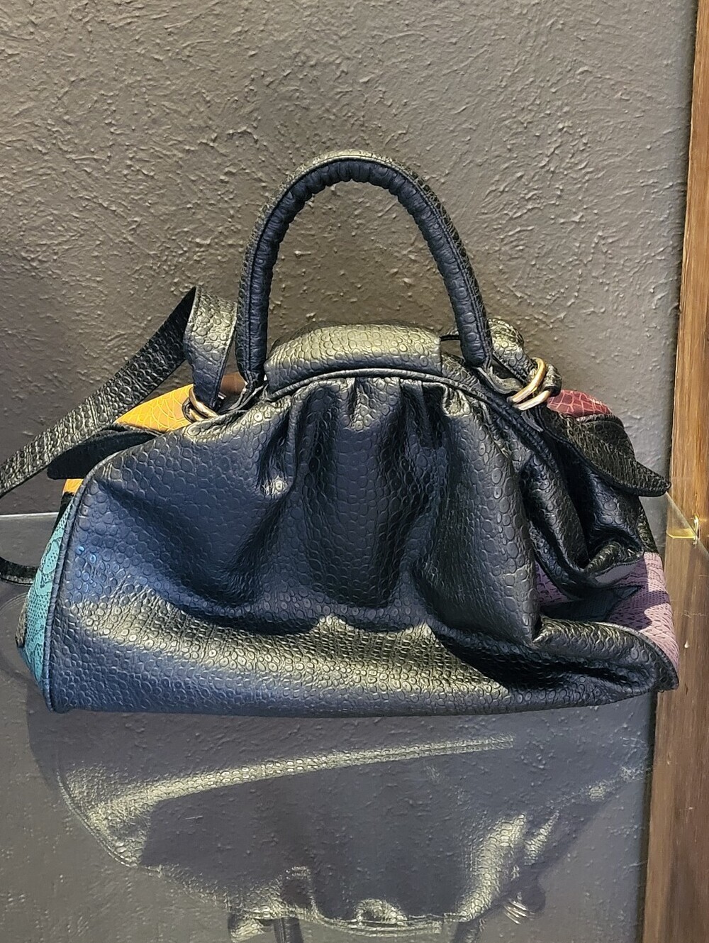 NAS Bag Faux Lizard Patchwork Vtg 80s Made In Korea Top Handle/Shoulder Strap - Picture 3 of 14